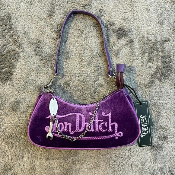 Von Dutch Handbags - Purple Velvet Von Dutch Shoulder Bag Purse Y2K Retro Style